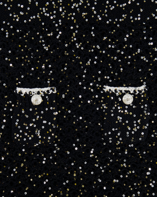 Chanel SS/23 Black Sequin Embellished Mini Dress with Bow and CC Crystal Buttons Details Size FR 36 (UK 8)