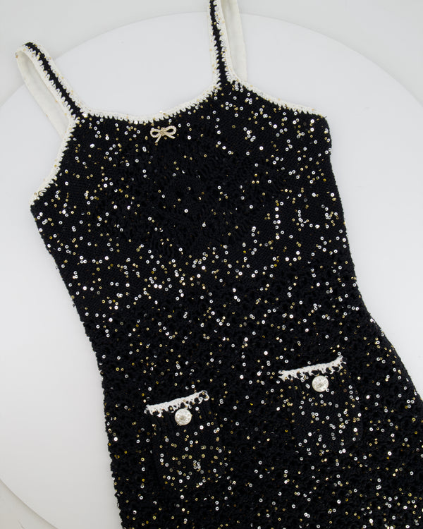 Chanel SS/23 Black Sequin Embellished Mini Dress with Bow and CC Crystal Buttons Details Size FR 36 (UK 8)