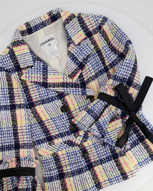 Chanel Blue and Multicolour Tweed Jacket With Black Logo Buttons and Satin Bow Details Size FR 38 (UK 10)