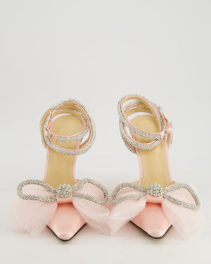 Mach & Mach Light Pink Double Crystal & Tulle Bow Satin Heels Size EU 40.5