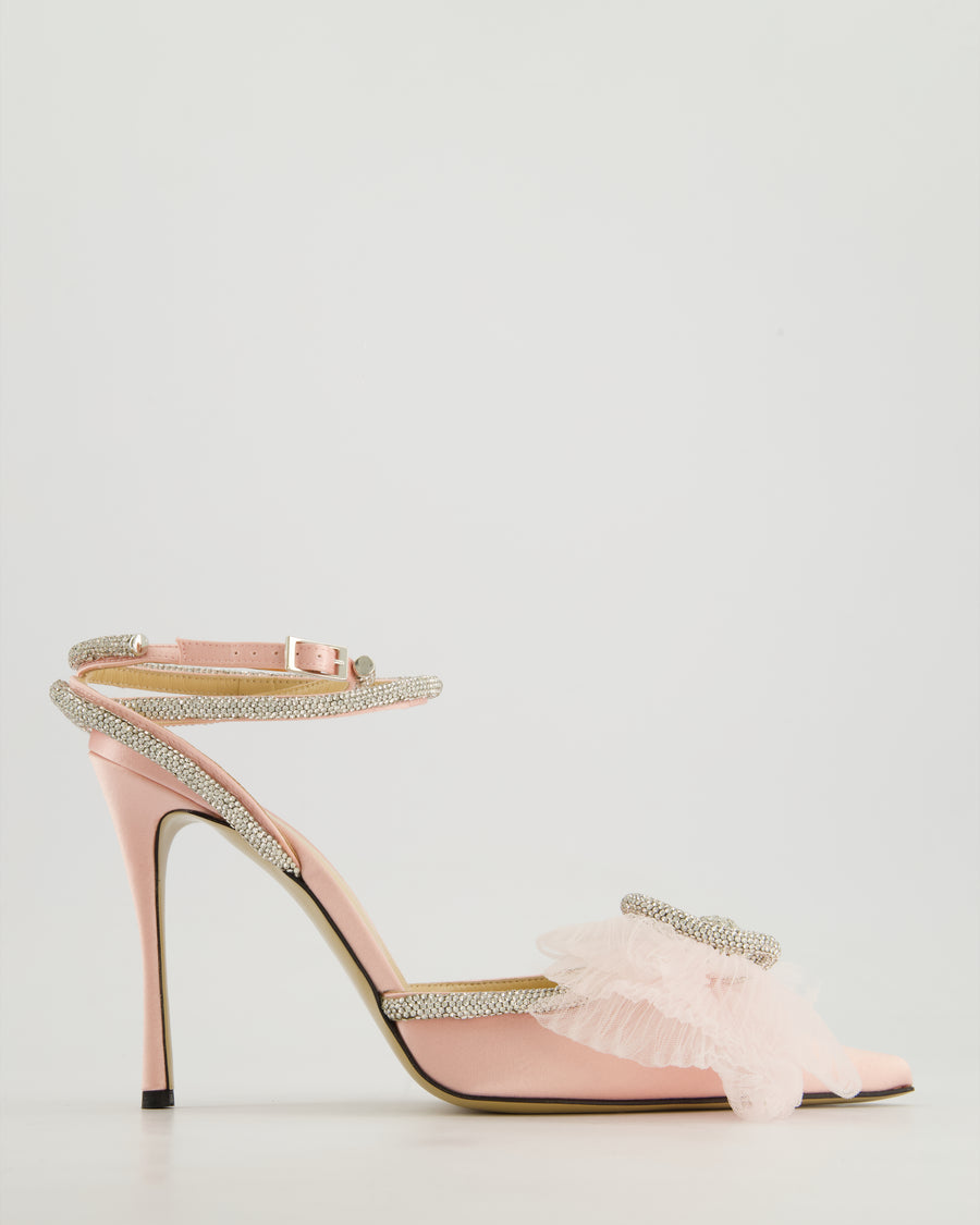 Mach & Mach Light Pink Double Crystal & Tulle Bow Satin Heels Size EU 40.5
