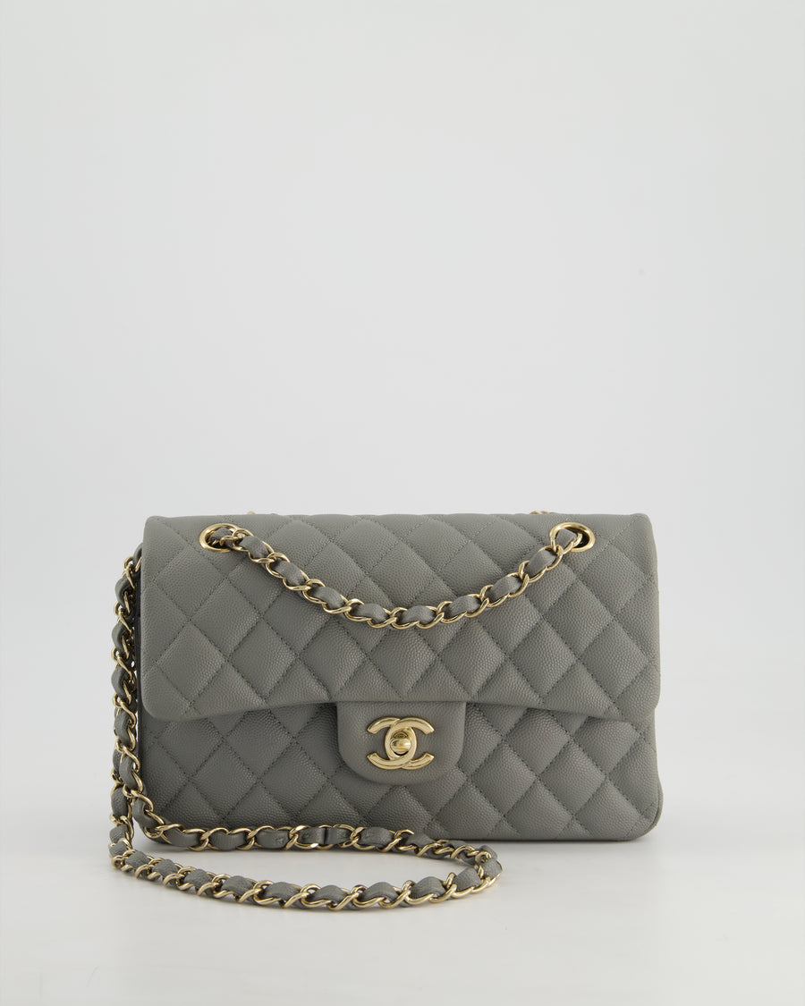 *HOT & RARE* Chanel Stone Grey Small Classic Double Flap Bag in Caviar Leather with Champagne Gold Hardware