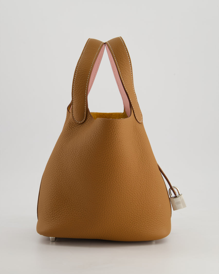 *RARE* Hermès Picotin Lock Bag 18cm in Gold Clemence Leather with Rose Sakura Handles and Palladium Hardware