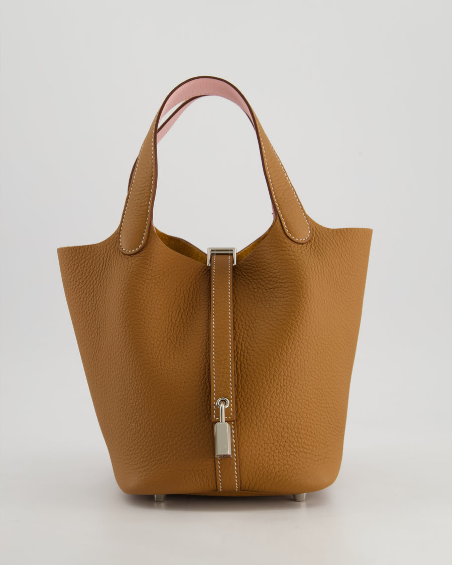 *RARE* Hermès Picotin Lock Bag 18cm in Gold Clemence Leather with Rose Sakura Handles and Palladium Hardware