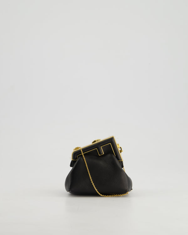 Fendi First Black Nano Bag in Nappa Leather with Gold Clip and Fine Gold Chain Strap RRP 740£
