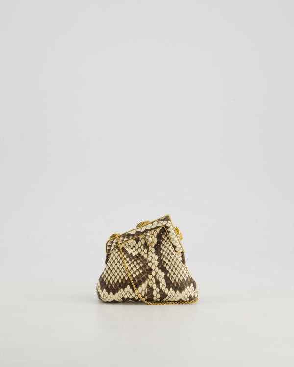 Fendi First Cream and Brown Nano Bag in Python Leather with Gold Clip and Fine Gold Chain Strap RRP 940£