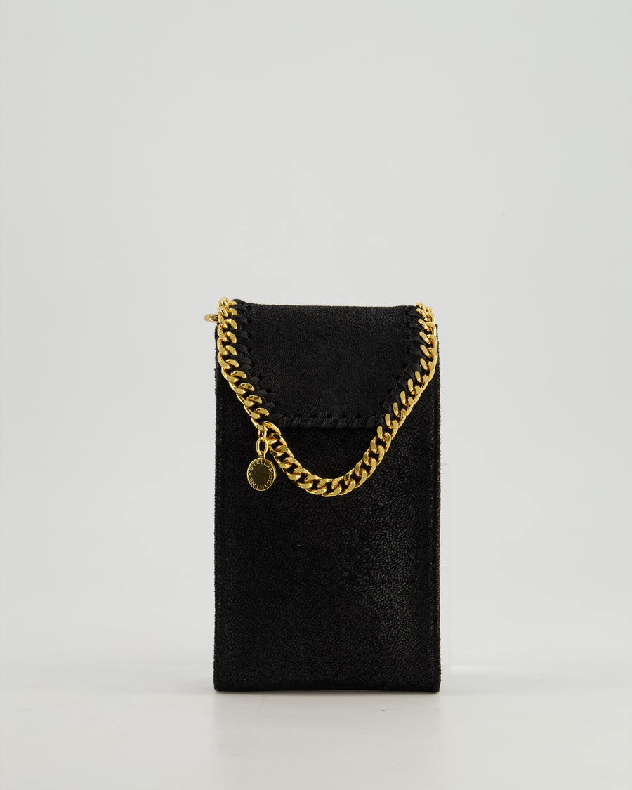 Stella McCartney Black Vegan Leather Falabella Cross-Body Phone Pouch with Gold Chain Detail