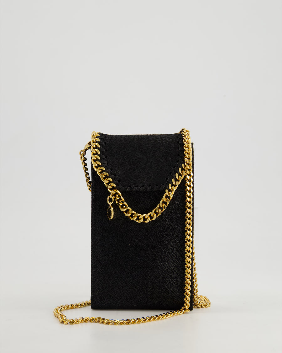 Stella McCartney Black Vegan Leather Falabella Cross-Body Phone Pouch with Gold Chain Detail