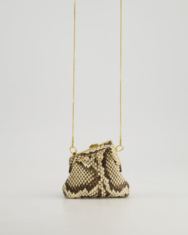 Fendi First Cream and Brown Nano Bag in Python Leather with Gold Clip and Fine Gold Chain Strap RRP 940£