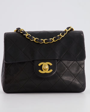 Chanel Vintage Black Mini Square Single Flap Bag in Lambskin Leather with 24K Gold Hardware