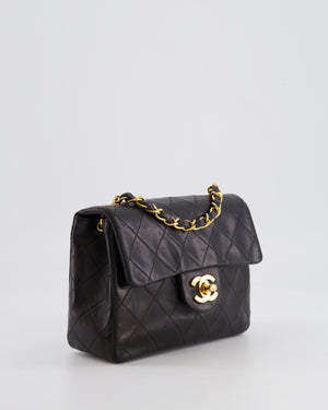 Chanel Vintage Black Mini Square Single Flap Bag in Lambskin Leather with 24K Gold Hardware