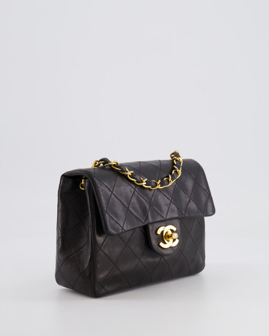 Chanel Vintage Black Mini Square Single Flap Bag in Lambskin Leather with 24K Gold Hardware