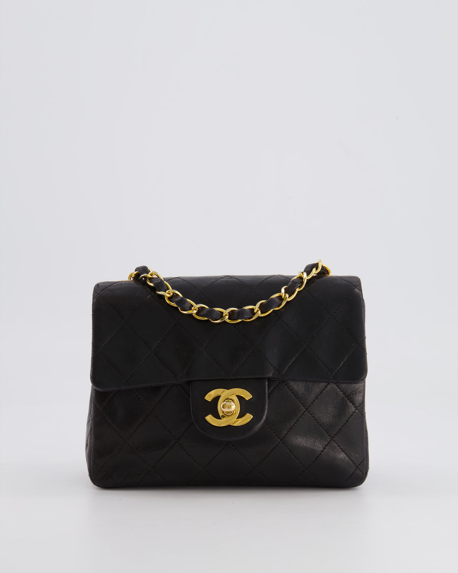 Chanel Vintage Black Mini Square Single Flap Bag in Lambskin Leather with 24K Gold Hardware