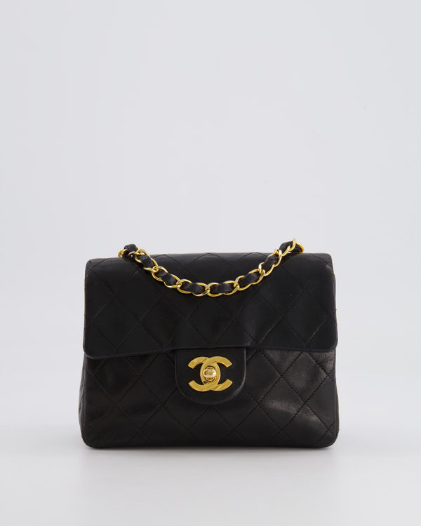 Chanel Vintage Black Mini Square Single Flap Bag in Lambskin Leather with 24K Gold Hardware
