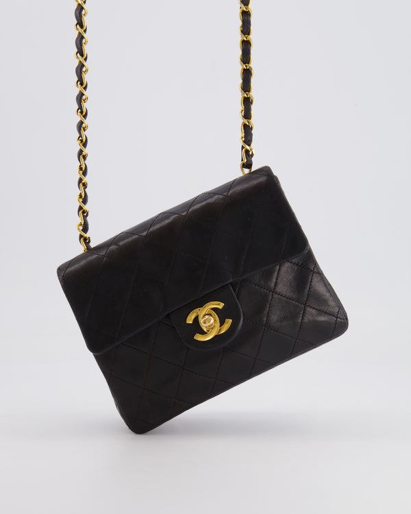 Chanel Vintage Black Mini Square Single Flap Bag in Lambskin Leather with 24K Gold Hardware