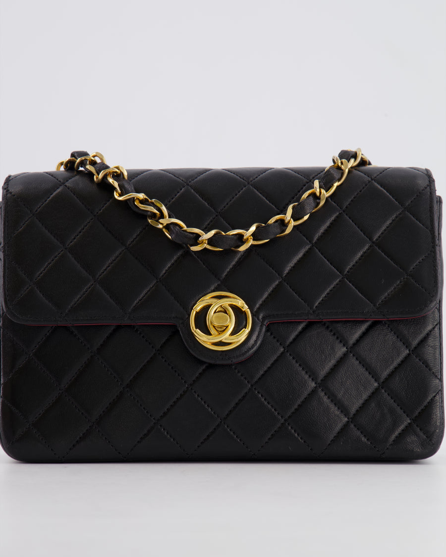 Chanel Vintage Black Small Single Flap Bag in Lambskin Leather with Round CC 24K Gold Hardware
