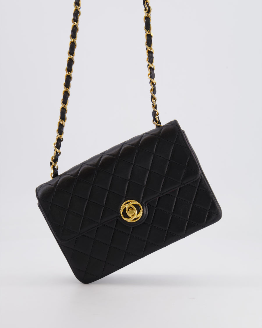 Chanel Vintage Black Small Single Flap Bag in Lambskin Leather with Round CC 24K Gold Hardware