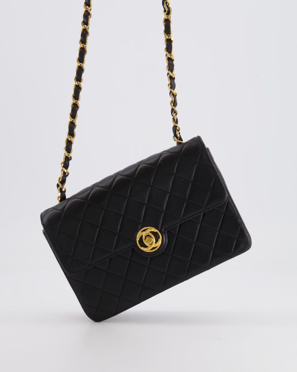 Chanel Vintage Black Small Single Flap Bag in Lambskin Leather with Round CC 24K Gold Hardware
