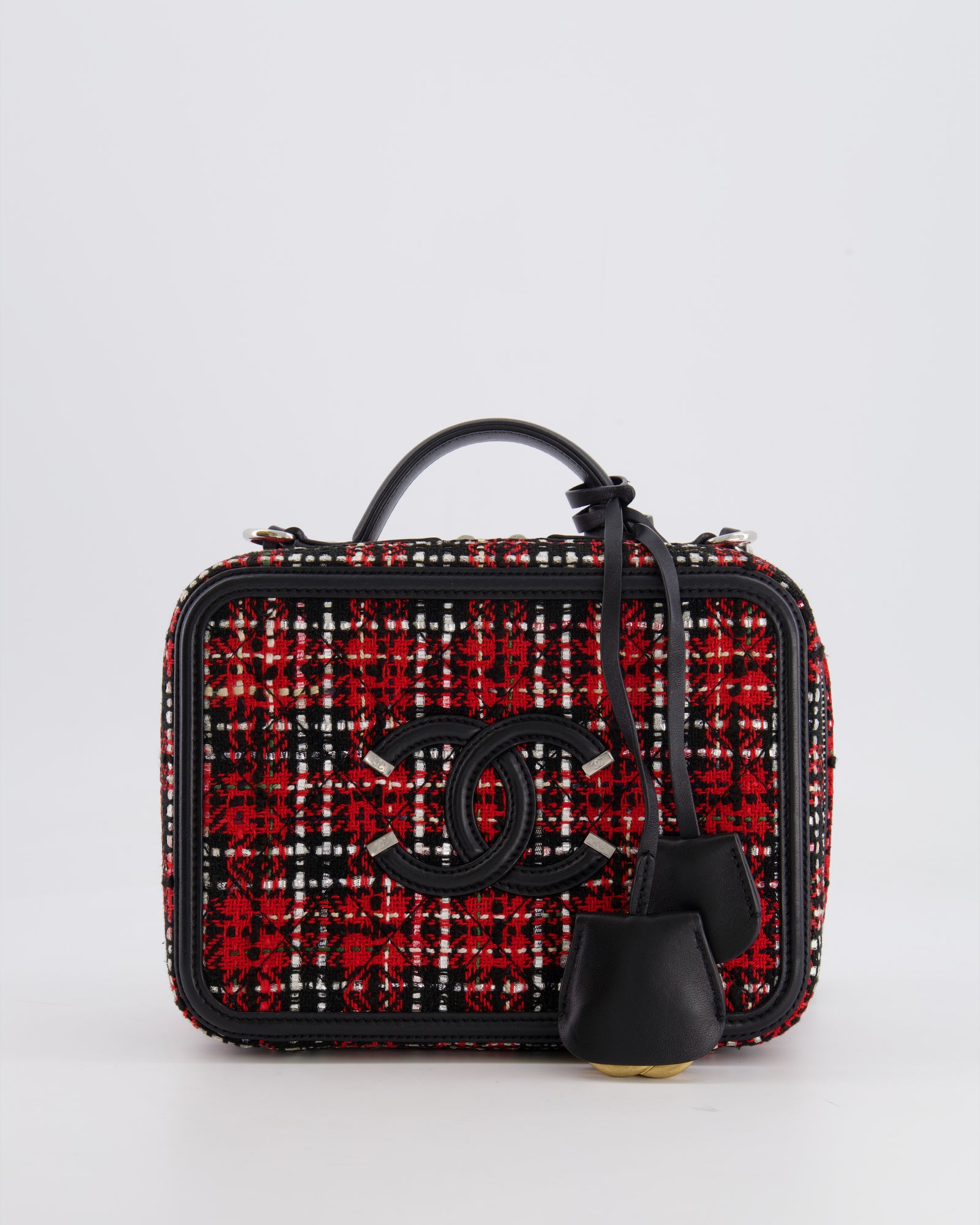 Chanel Black and Red Medium CC Filigree Vanity Case Bag in Tweed