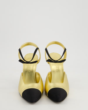 Chanel Gold Slingback Heels With Black Bow Strap Detail Size EU 38.5