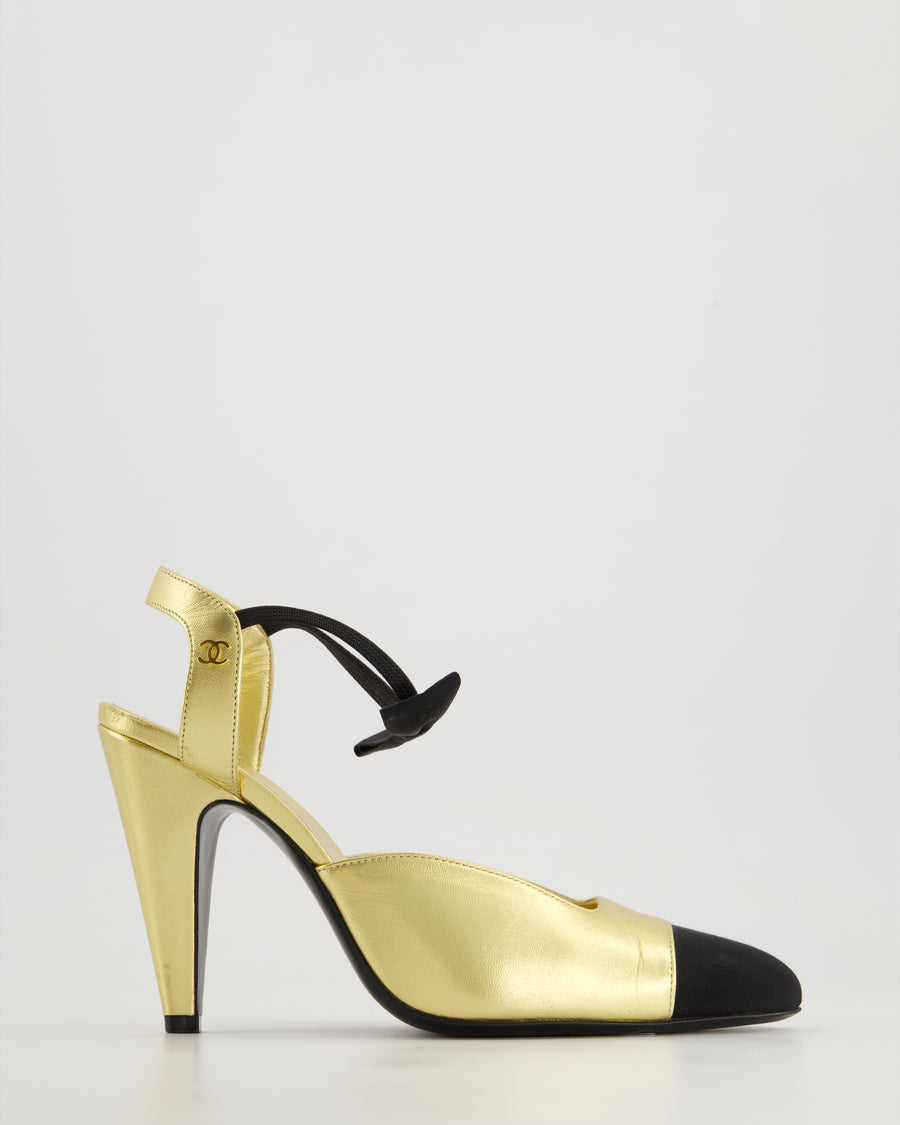 Chanel Gold Slingback Heels With Black Bow Strap Detail Size EU 38.5
