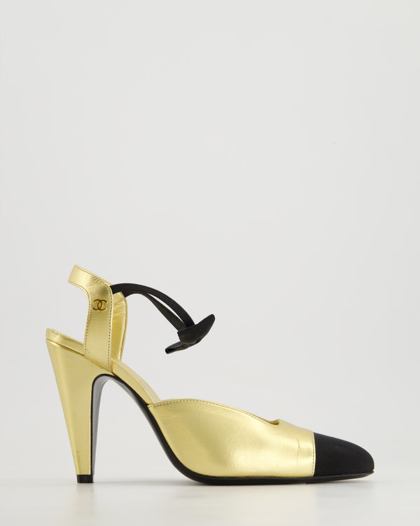 Chanel Gold Slingback Heels With Black Bow Strap Detail Size EU 38.5