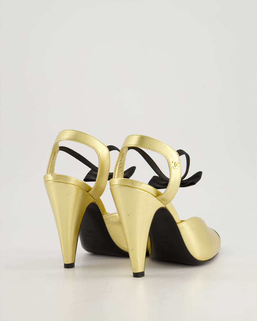 Chanel Gold Slingback Heels With Black Bow Strap Detail Size EU 38.5
