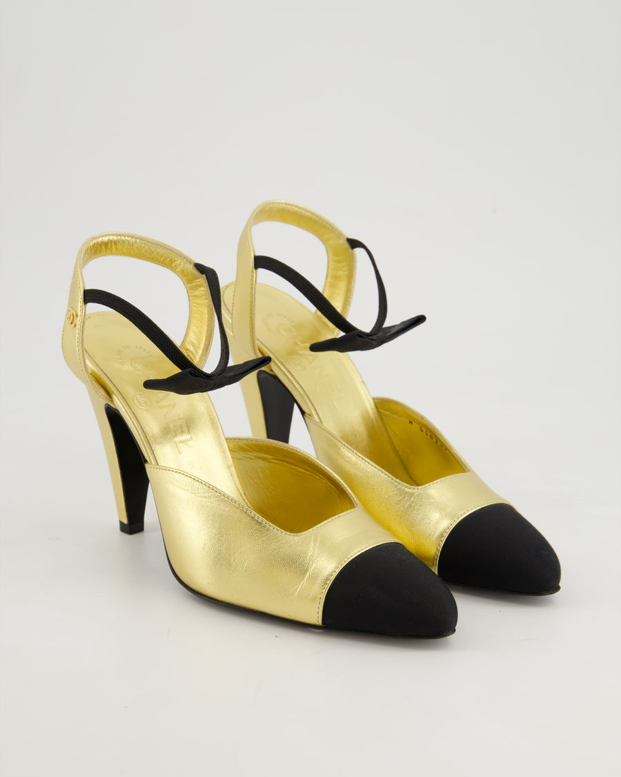 Chanel Gold Slingback Heels With Black Bow Strap Detail Size EU 38.5