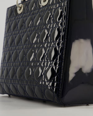 Christian Dior Large Lady Dior Bag in Navy Patent Leather with Silver Hardware