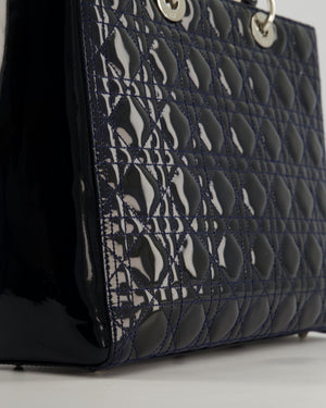 Christian Dior Large Lady Dior Bag in Navy Patent Leather with Silver Hardware