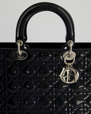Christian Dior Large Lady Dior Bag in Navy Patent Leather with Silver Hardware