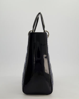 Christian Dior Large Lady Dior Bag in Navy Patent Leather with Silver Hardware