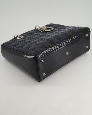 Christian Dior Large Lady Dior Bag in Navy Patent Leather with Silver Hardware