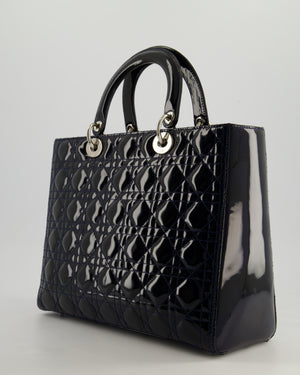 Christian Dior Large Lady Dior Bag in Navy Patent Leather with Silver Hardware