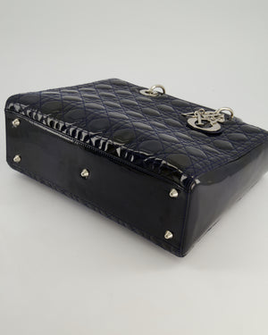 Christian Dior Large Lady Dior Bag in Navy Patent Leather with Silver Hardware