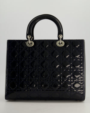 Christian Dior Large Lady Dior Bag in Navy Patent Leather with Silver Hardware