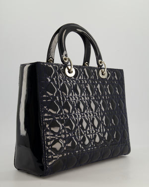 Christian Dior Large Lady Dior Bag in Navy Patent Leather with Silver Hardware