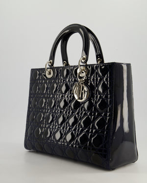 Christian Dior Large Lady Dior Bag in Navy Patent Leather with Silver Hardware
