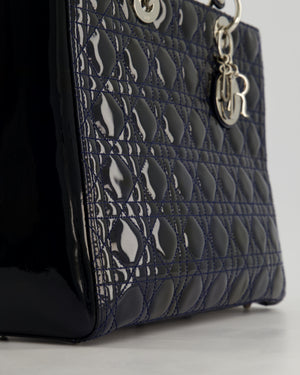 Christian Dior Large Lady Dior Bag in Navy Patent Leather with Silver Hardware