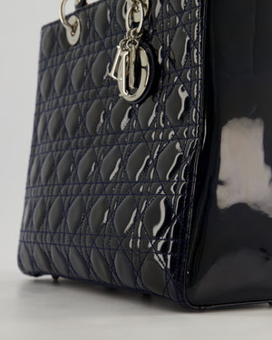 Christian Dior Large Lady Dior Bag in Navy Patent Leather with Silver Hardware