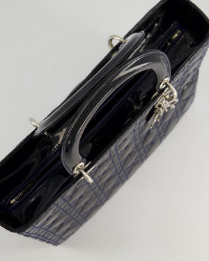 Christian Dior Large Lady Dior Bag in Navy Patent Leather with Silver Hardware