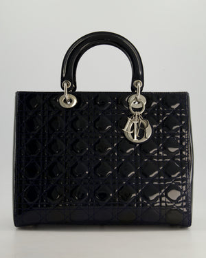 Christian Dior Large Lady Dior Bag in Navy Patent Leather with Silver Hardware