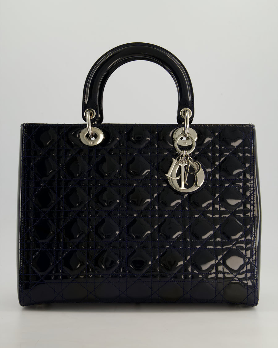 Christian Dior Large Lady Dior Bag in Navy Patent Leather with Silver Hardware