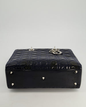 Christian Dior Large Lady Dior Bag in Navy Patent Leather with Silver Hardware