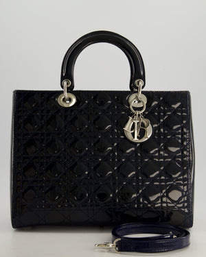 Christian Dior Large Lady Dior Bag in Navy Patent Leather with Silver Hardware