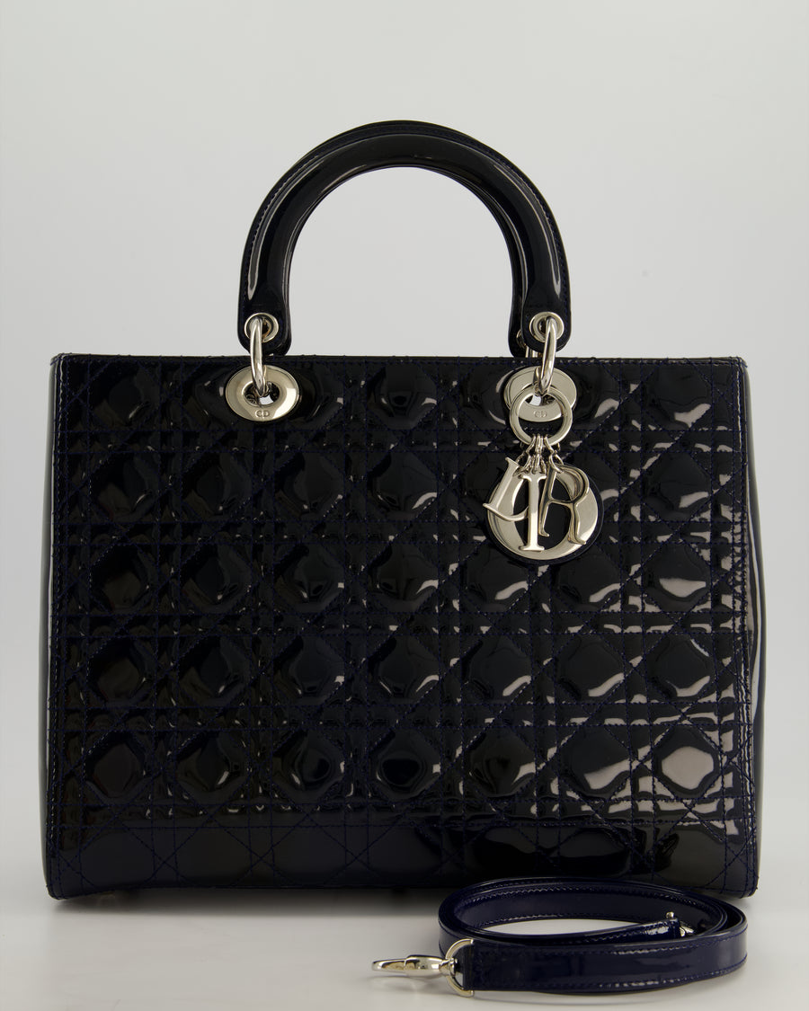 Christian Dior Large Lady Dior Bag in Navy Patent Leather with Silver Hardware