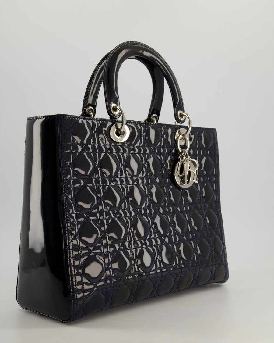 Christian Dior Large Lady Dior Bag in Navy Patent Leather with Silver Hardware
