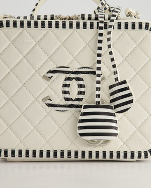 *HOT* Chanel White Caviar Vanity Case with Zebra Motif CC Logo and Silver Hardware
