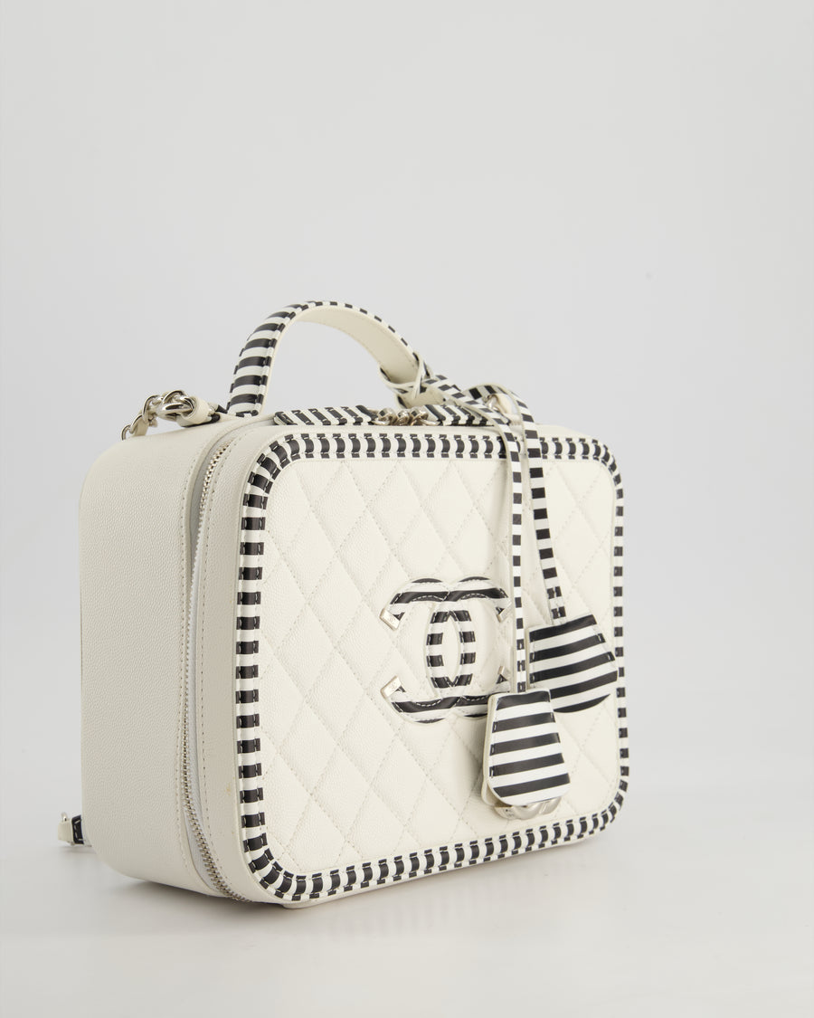 *HOT* Chanel White Caviar Vanity Case with Zebra Motif CC Logo and Silver Hardware