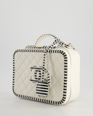 *HOT* Chanel White Caviar Vanity Case with Zebra Motif CC Logo and Silver Hardware